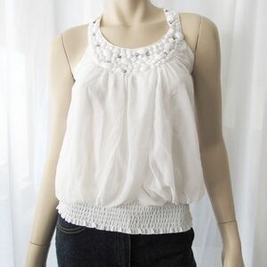2b BEBE Beaded Y Line White Sheer Cocktail Top Blouse Size XS